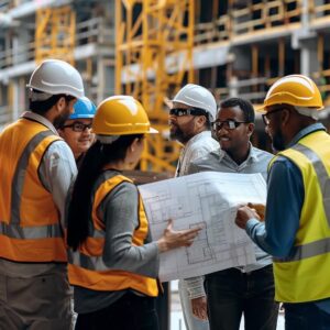 Construction professionals collaborating on a building site, emphasizing teamwork and expertise in general contracting