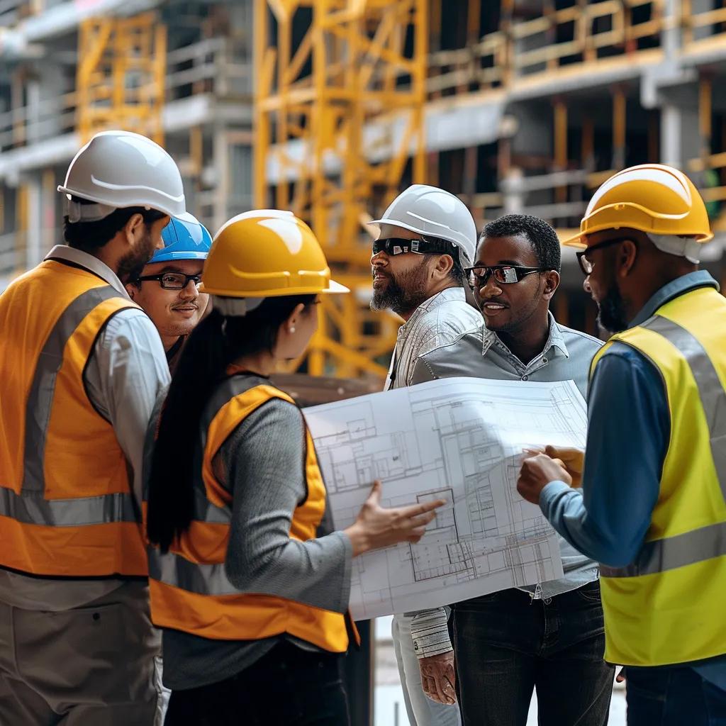 Construction professionals collaborating on a building site, emphasizing teamwork and expertise in general contracting