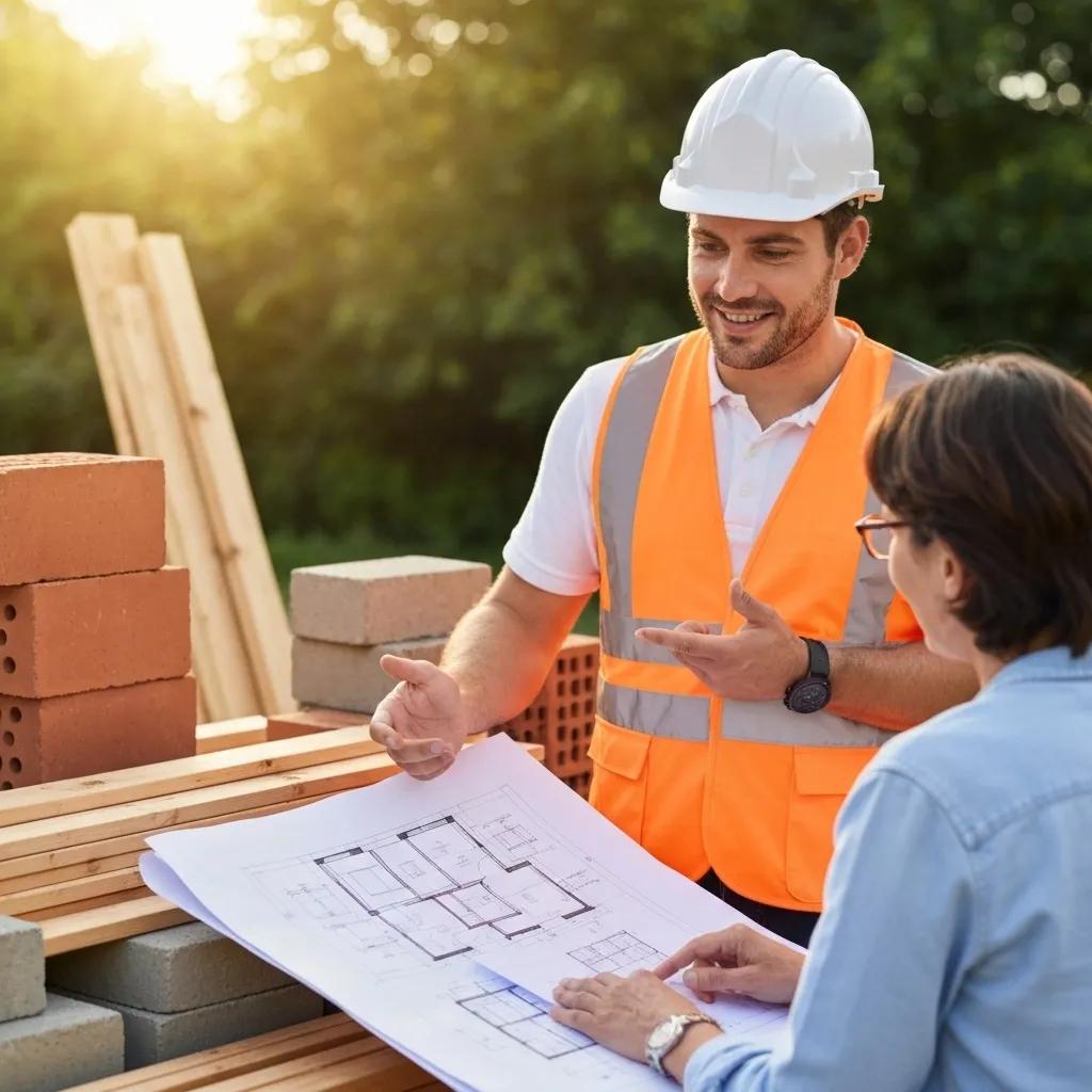 General contractor discussing renovation plans with a homeowner at a construction site