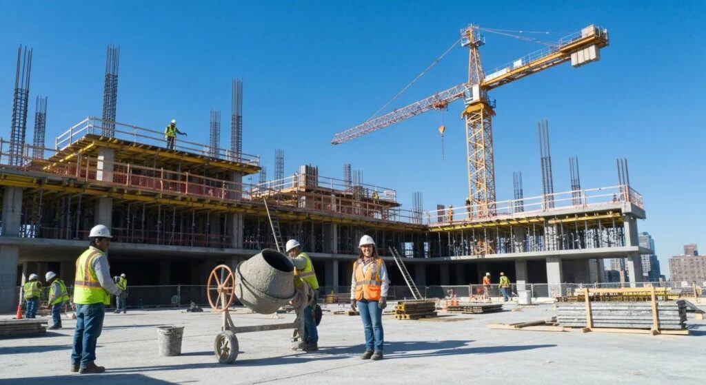 Oklahoma City construction site with workers collaborating on a building project