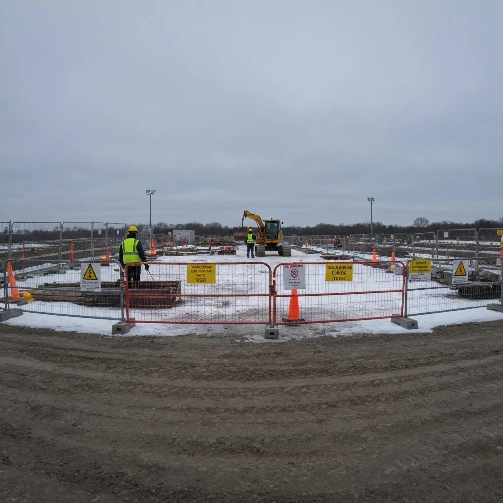 Construction site showcasing safety measures with workers in helmets and safety vests, emphasizing compliance