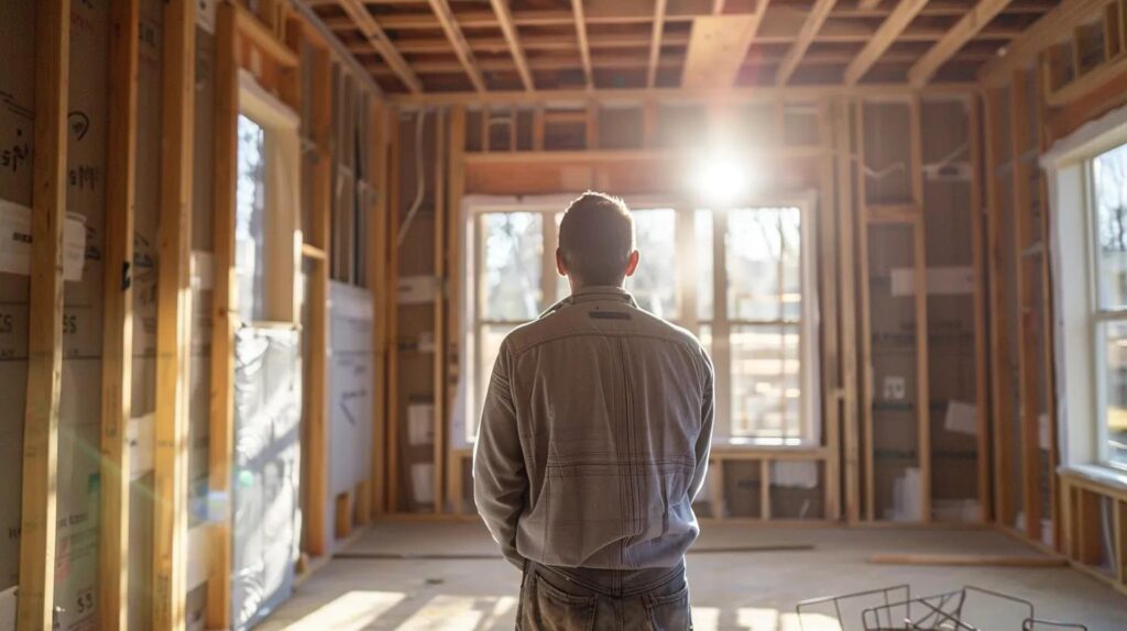 A homeowner watching licensed contractors install metal studs inside a residential remodel in Oklahoma City. Natural light, crisp detail.