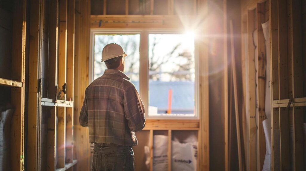 A homeowner watching licensed contractors install metal studs inside a residential remodel in Oklahoma City. Natural light, crisp detail.