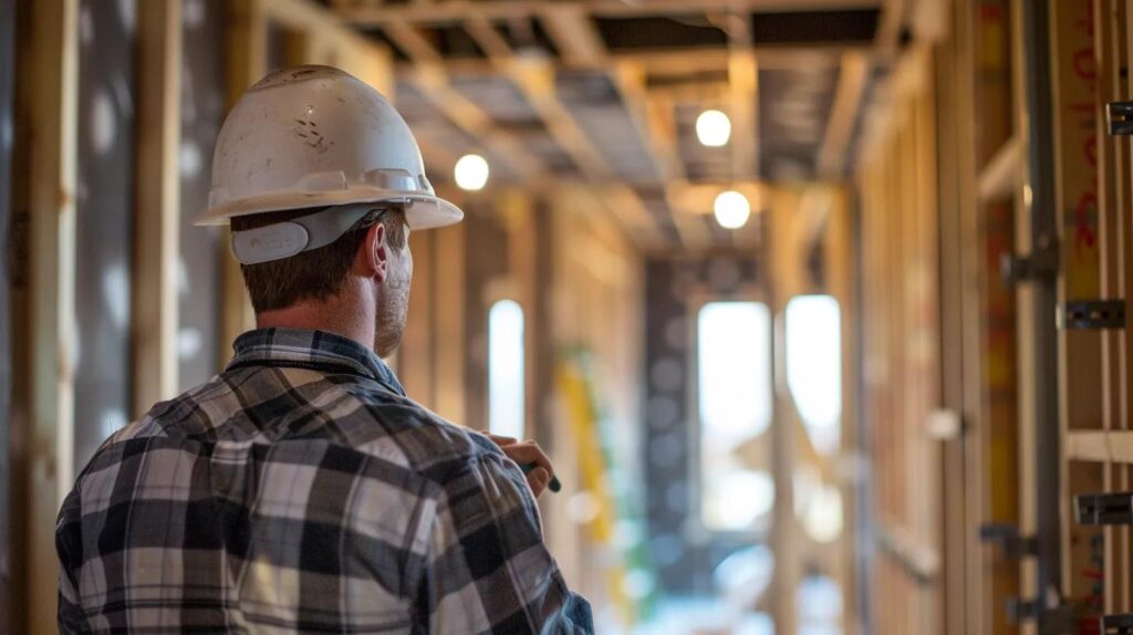 A homeowner watching licensed contractors install metal studs inside a residential remodel in Oklahoma City. Natural light, crisp detail.