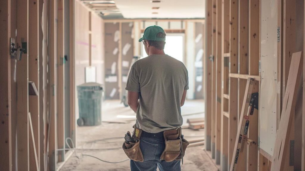 A homeowner watching licensed contractors install metal studs inside a residential remodel in Oklahoma City. Natural light, crisp detail.