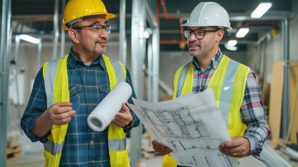 A professional, collaborative shot featuring two ACME team members. One is a drywall expert, holding a roll of drywall tape, while the other is a metal fabrication specialist, holding a metal stud. They are standing in a clean, organized work site, talking and pointing to a blueprint. The image should symbolize their combined expertise and seamless project management.