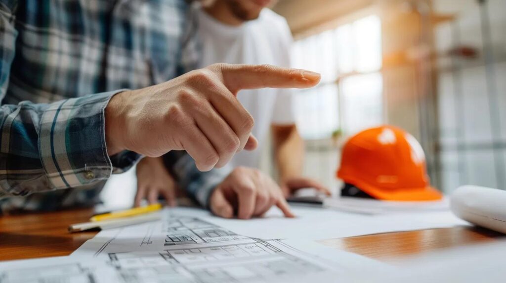 A close-up shot of a client (could be a homeowner or a business owner) and a contractor sitting at a desk. The contractor is pointing to a specific detail on a set of blueprints, and the client is listening attentively and nodding. The image should convey a sense of trust, collaboration, and clear communication.