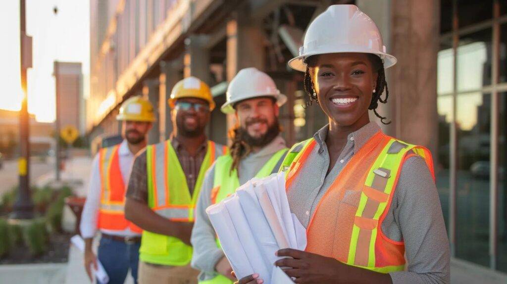 A professional, high-resolution shot of a diverse team of smiling construction workers, including a female project manager, standing confidently in front of a sleek, newly completed commercial building. The team is wearing hard hats and safety vests, and they are holding blueprints. The background features the Oklahoma City skyline in a soft focus, bathed in the warm light of either sunrise or sunset. The tone is professional, trustworthy, and approachable.