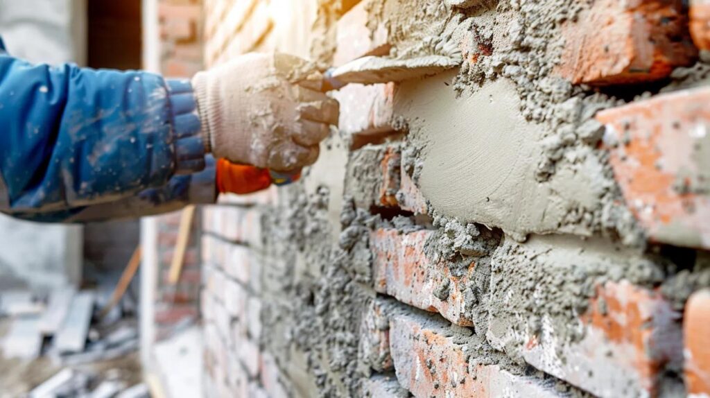 A composite image split into two sections. On the left, a skilled mason is carefully repointing brickwork on a residential home. The light highlights the detail of the work. On the right, a drywall contractor oklahoma city is smoothing a wall with a finishing trowel, creating a perfectly seamless surface. The image should feel informative and showcase skilled craftsmanship.