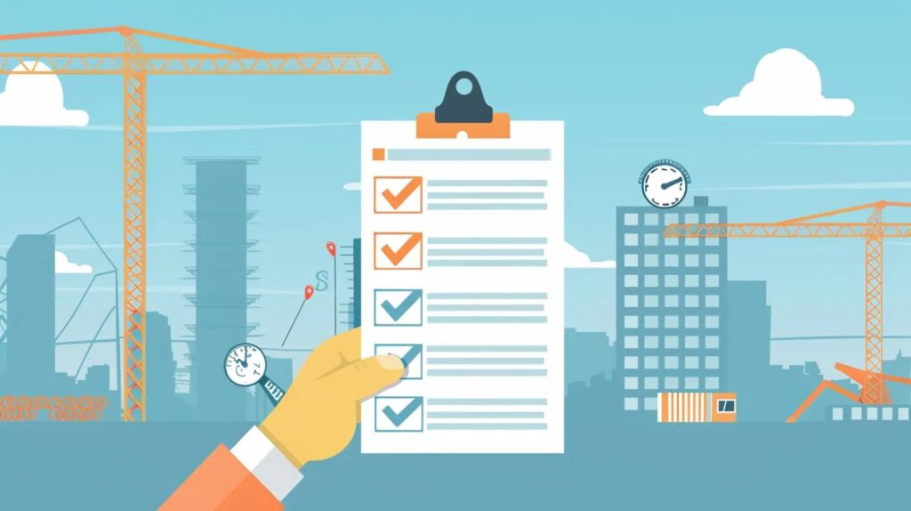 A creative, infographic-style image. The image shows a hand holding a stylized checklist. Each item on the checklist has a checkmark next to it, and a clean, simple icon represents a key question, such as a handshake for references, a clock for timeline, and a dollar sign for budget. The background is a clean, modern building site