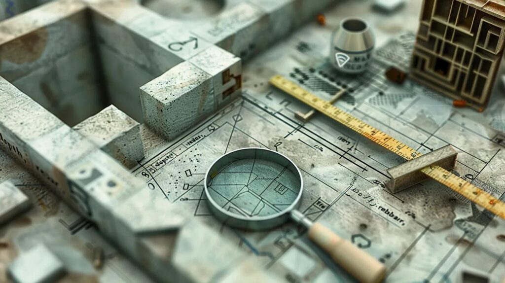 A conceptual image illustrating the factors influencing cost. A large, complex diagram or ledger is overlaid on a background of various concrete types (thick rebar-reinforced vs. thin unreinforced). Visual elements should include a monetary symbol, a ruler for "depth," a confined space access point (small window), and a magnifying glass over "rebar," symbolizing the complexity and detail in pricing.