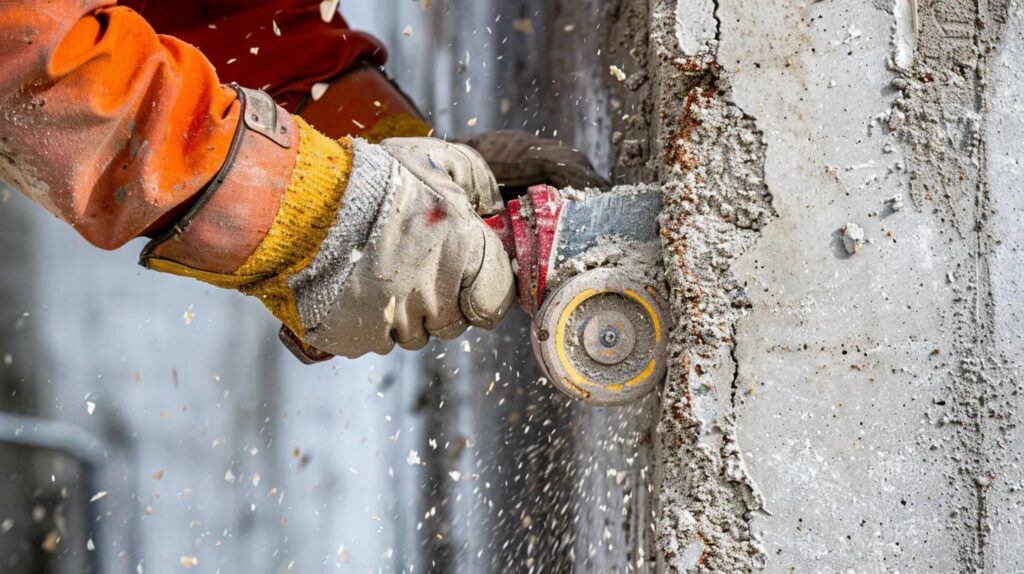 A close-up shot showing the difference between a ring saw and a chain saw in action on a thick concrete wall. The left side features a worker (gloves visible) using a ring sawing concrete tool, highlighting the depth of the circular cut. The right side features a worker using a concrete chain sawing tool to create a perfectly square corner opening. The tools and the clean cuts should be the focus.