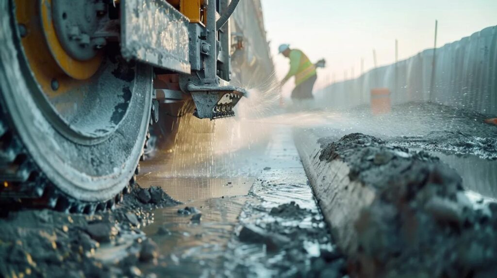 A high-angle, professional, dynamic shot showcasing a hydraulic concrete wall sawing rig cutting a precise, straight line into a thick, heavily reinforced concrete foundation wall on a construction site. The scene is slightly dusty but well-lit, with a visible water stream minimizing dust. The focus should be on the diamond blade making a clean cut. A safety-vested, hard-hat wearing operator (unidentifiable face) is supervising the machine with an air of professional expertise. OKC skyline or recognizable mid-western building architecture is blurred in the far background.