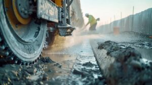 A high-angle, professional, dynamic shot showcasing a hydraulic concrete wall sawing rig cutting a precise, straight line into a thick, heavily reinforced concrete foundation wall on a construction site. The scene is slightly dusty but well-lit, with a visible water stream minimizing dust. The focus should be on the diamond blade making a clean cut. A safety-vested, hard-hat wearing operator (unidentifiable face) is supervising the machine with an air of professional expertise. OKC skyline or recognizable mid-western building architecture is blurred in the far background.