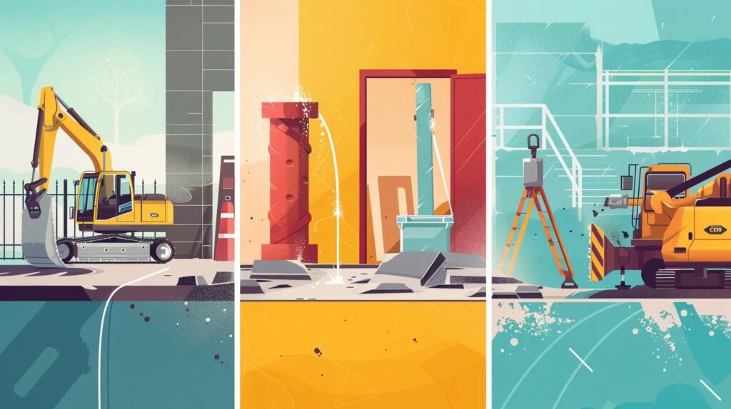 A three-panel infographic or composite image cleanly illustrating the three core services: 1) Flat Sawing (A walk-behind saw cutting a trench in a concrete floor slab, with a visible water spray). 2) Wall Sawing (A track-mounted saw making a new doorway opening in a vertical concrete wall). 3) Core Drilling (A tripod-mounted drill rig creating a perfectly round hole in a concrete wall with a diamond concrete drilling bit).
