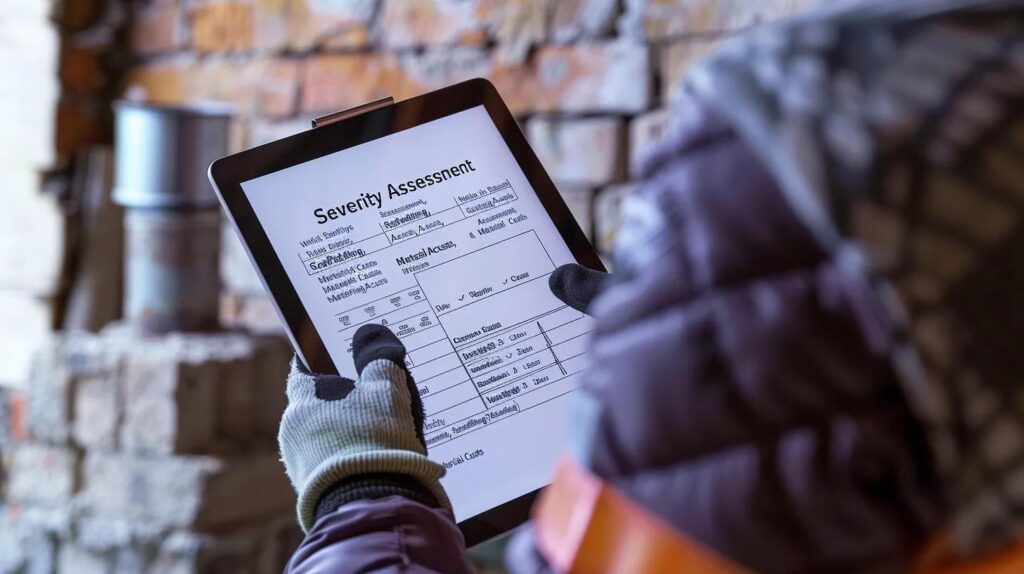 A detailed image of a contractor's clipboard or tablet showing a transparent, line-item cost estimate for masonry work (labeled with