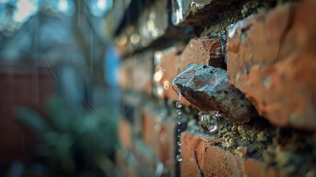 A macro shot focusing on a single, damaged brick where the face is flaking off (spalling). A drop of water is suspended near the damage, symbolizing water infiltration and the freeze-thaw cycle. The background should be blurred residential architecture.
