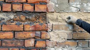 A dramatic, high-contrast close-up shot of an Oklahoma City residential brick wall. One side of the image shows crumbling, recessed mortar with visible stair-step cracks (deterioration). The other side shows the same wall section perfectly restored with fresh, seamless tuckpointing work. A skilled, gloved mason is visible in the background, subtly out of focus, applying the finishing touch to a joint.