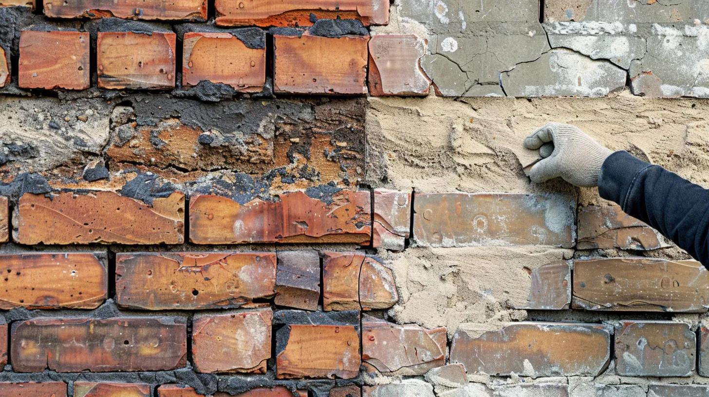 A dramatic, high-contrast close-up shot of an Oklahoma City residential brick wall. One side of the image shows crumbling, recessed mortar with visible stair-step cracks (deterioration). The other side shows the same wall section perfectly restored with fresh, seamless tuckpointing work. A skilled, gloved mason is visible in the background, subtly out of focus, applying the finishing touch to a joint.