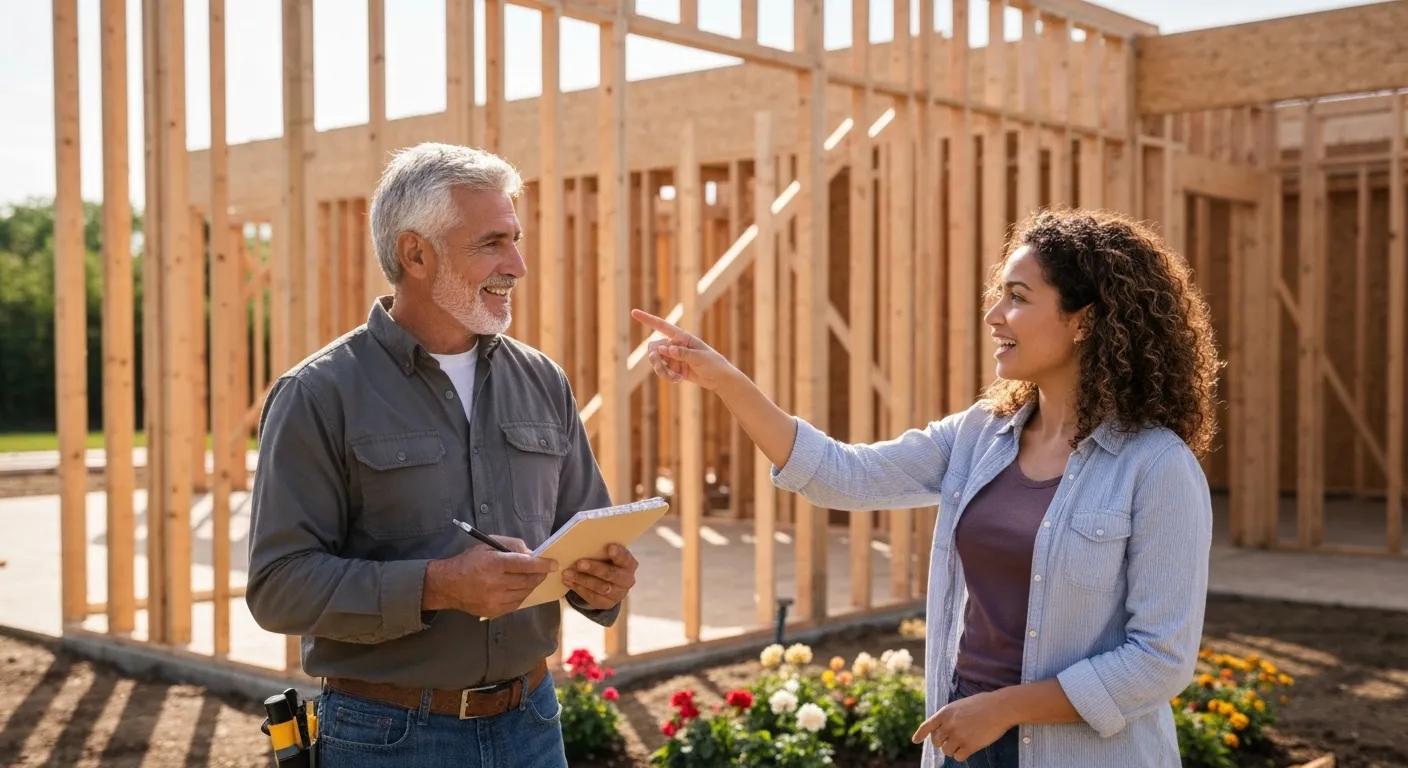 General contractor consulting with homeowner at construction site, showcasing collaboration and planning