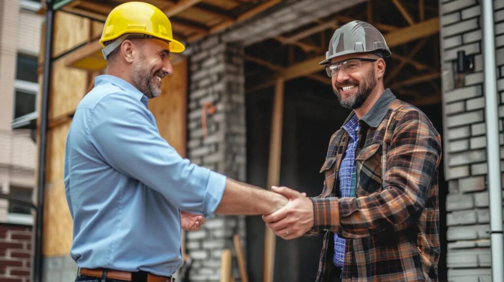 A warm, inviting scene showing the successful project closeout. A smiling construction project manager is shaking the hand of a happy client (a homeowner or business owner) during the final walk-through of a newly completed, high-quality, residential masonry okc wall or a commercial office space. The background should feature a completed, defect-free structure, symbolizing trust and quality.