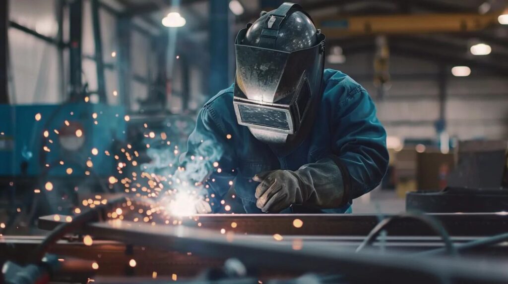 A cinematic shot inside a clean, well-lit workshop focusing on high-level craftsmanship. In the foreground, a skilled welder (wearing proper safety gear) is performing precise custom metal fabrication on a piece of metal framing oklahoma city. In the background, a masonry expert is carefully laying a perfect line of brick or stone. The focus is on the specialized in-house trade skills.