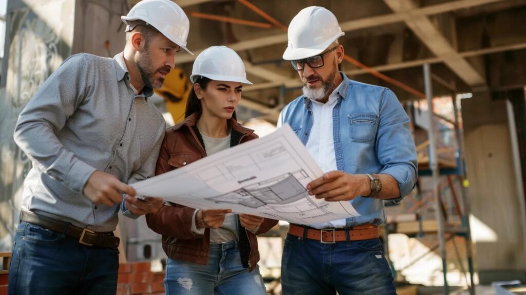 A professional, high-angle wide shot of a diverse construction team (architect, project manager in a clean hard hat, and a skilled tradesperson) reviewing blueprints on a large, modern work site in Oklahoma City. In the background, there are hints of both commercial steel framing and traditional brick masonry. The project manager is pointing to a section of the plan while the client (a well-dressed business owner or homeowner) looks on, confidently nodding. The lighting is bright and sunny, conveying transparency and professionalism.