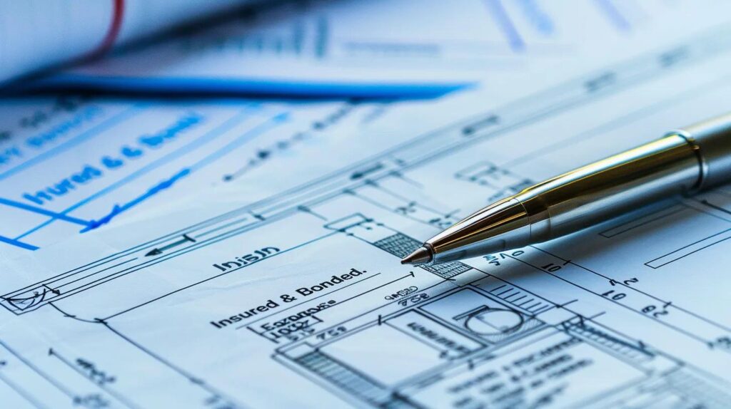 A detailed close-up of a construction contract or blueprint being signed with a pen. Overlaid near the documents are a stack of government-issued licenses or certifications and a sheet of paper with a bold checkmark next to "Insured & Bonded."