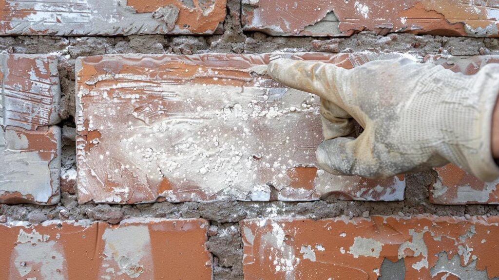 A photograph focusing on a section of a brick wall visibly dusted with white, chalky efflorescence powder, particularly concentrated near the mortar joints. A professional mason's hand (wearing a clean glove) is pointing directly at the white stain, suggesting diagnosis and solution.