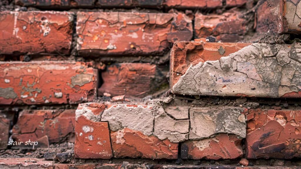 A detailed, close-up photograph of a weathered, red brick wall featuring a prominent, diagonal "stair-step" crack running through the mortar joints and slightly through a few bricks, clearly illustrating structural stress and foundation movement. The background is slightly blurred to keep focus on the crack pattern.