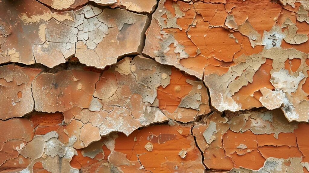 An extreme close-up photograph of a common red-clay brick face that is clearly flaking and peeling (spalling). The image should highlight the damage caused by the freeze-thaw cycle, showing a piece of the brick surface detached or crumbling, exposing the softer inner material.