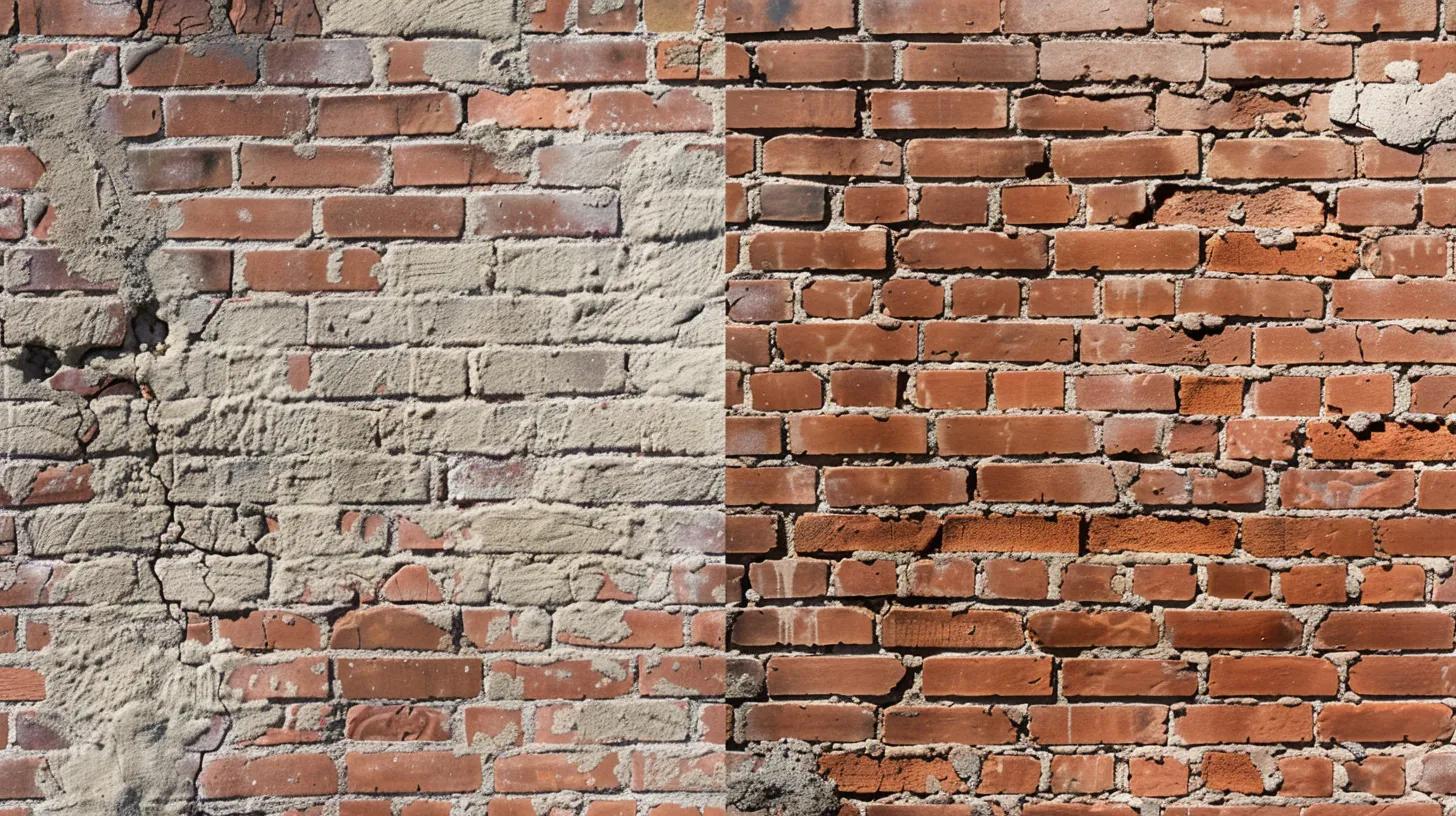 A split image focused on a brick wall in Oklahoma City. The left side shows a close-up of severely damaged brickwork: stair-step cracks, white efflorescence, and crumbling mortar. The right side shows the same wall after expert masonry repair: pristine, newly tuckpointed mortar joints that perfectly match the original brick color, with a clear, seamless surface, and an OKC Masonry branded van visible slightly in the background, conveying expert restoration and trust. Realistic lighting, high detail, golden hour.
