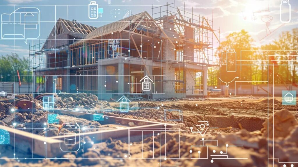 A stylized, blueprint-overlay graphic. The main visual is a dynamic, slightly elevated photo of a construction site with a foundation being poured and metal studs oklahoma city visible. Overlaid on the image is a timeline graphic with icons representing key stages: a permit checklist, a framed house outline, and a finished home key, symbolizing the journey from paperwork to completion.