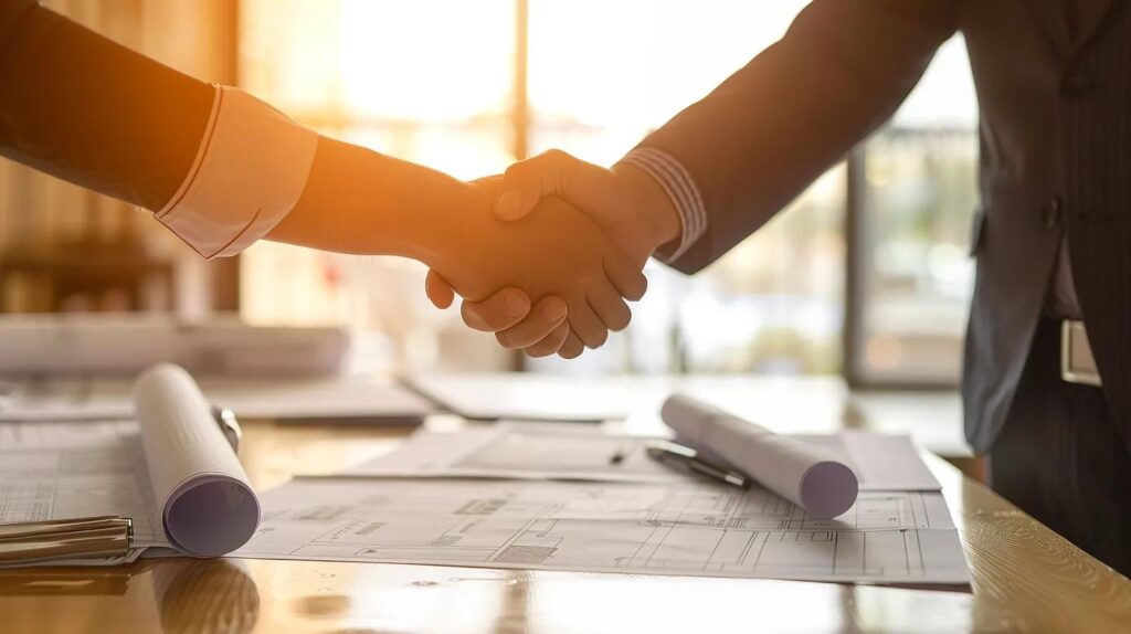 A close-up, focused shot of a professional handshake occurring over a contract or a list of questions laid out on a polished job site table. The background should be slightly blurred (bokeh effect) but clearly show construction plans and a pen, emphasizing the seriousness and finality of the hiring process.