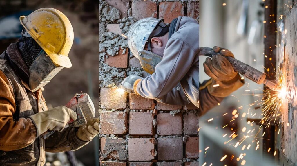 A split image showing three distinct construction activities in Oklahoma City: 1) A highly skilled masonry contractors okc worker carefully repointing brick mortar. 2) A drywall contractors oklahoma city expert meticulously sanding a seam with a light shining across it to check for flaws. 3) A welder performing custom metal fabrication okc on a piece of an architectural handrail structure, with sparks flying safely. The lighting should highlight the precision of the work.