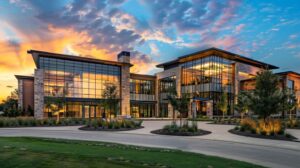 A panoramic, high-resolution photo taken at sunset. The image should be split visually down the middle. On the left side, show a sleek, modern commercial building exterior with large glass panels and sharp metal framing oklahoma city details. On the right side, show a beautifully finished, large residential home with detailed brick and stone masonry. In the foreground, a professional-looking general contractor (wearing a clean hard hat and vest with a discreet company logo) stands confidently, reviewing a large blueprint with a homeowner and a business executive. The overall mood should be professional, aspirational, and showcase both commercial and residential projects in a recognizable Oklahoma City skyline background (e.g., subtle use of the Devon Tower).