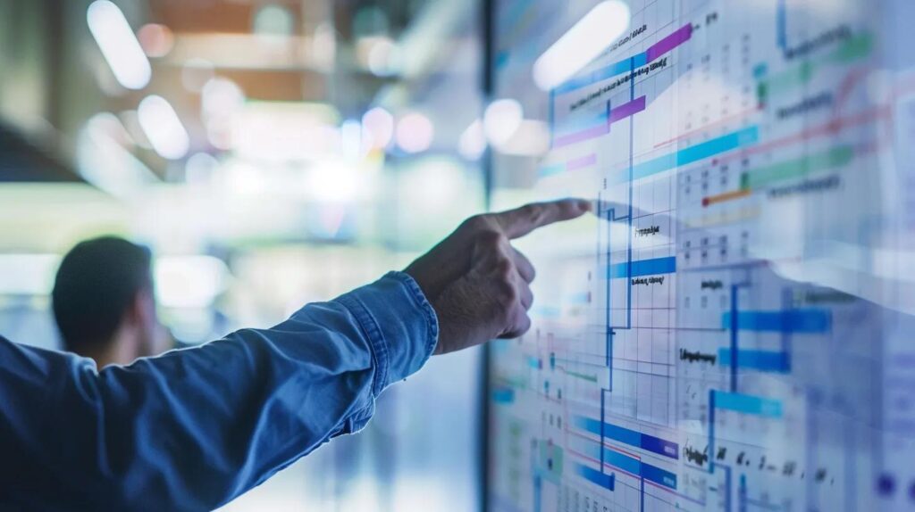 A detailed shot of a project manager (male or female, diverse representation) pointing to a complex, multi-colored Gantt chart or project schedule timeline displayed on a large screen or whiteboard, discussing milestones with a client. The focus is on organization and clear, actionable steps.