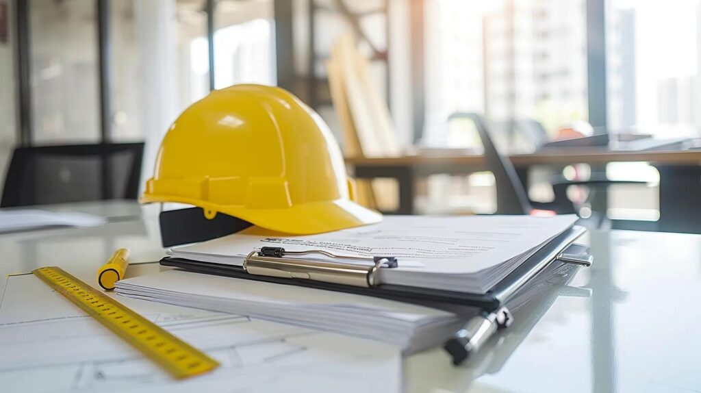 A close-up photo of three overlapping official documents (a contractor license, an insurance certificate, and a project portfolio binder) placed on a clean, light-colored desk in a modern office, next to a contractor's clean hard hat and measurement tool.