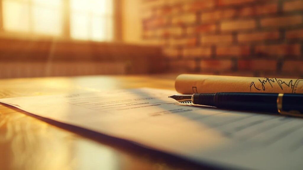 A high-angle shot of a blueprint or a legal contract being signed with a quality pen, slightly blurred in the foreground. In the background, a perfectly finished corner of a brick wall and a smooth drywall section meet sharply. The lighting is strong, symbolizing clarity and transparency.