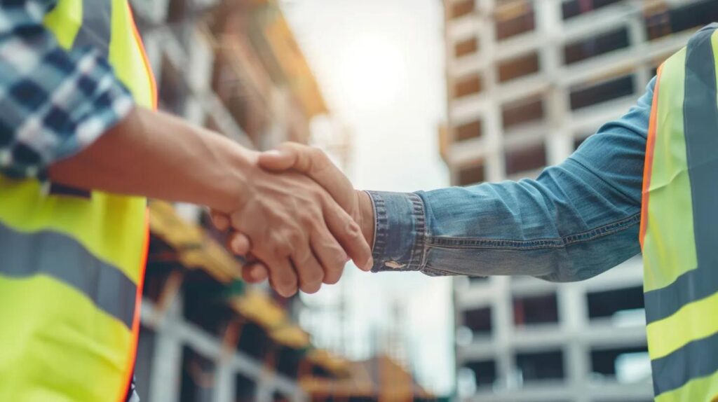 A General Contractor (wearing a hard hat and safety vest) shaking hands with a client on a construction site (commercial building in the background).