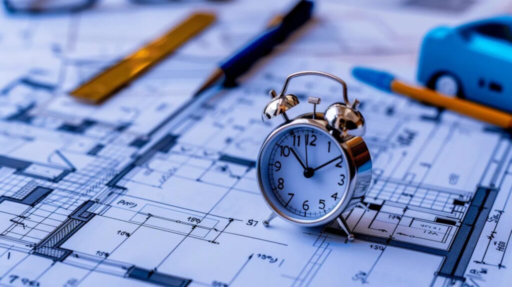 A clear, organized visual representation of a construction timeline (a Gantt chart or timeline graphic). Highlight three distinct phases: Planning/Pre-Construction, Execution, and Closeout. A stylized icon of a clock or calendar should be prominent, emphasizing efficiency and adherence to schedule, which is critical for commercial remodeling okc.