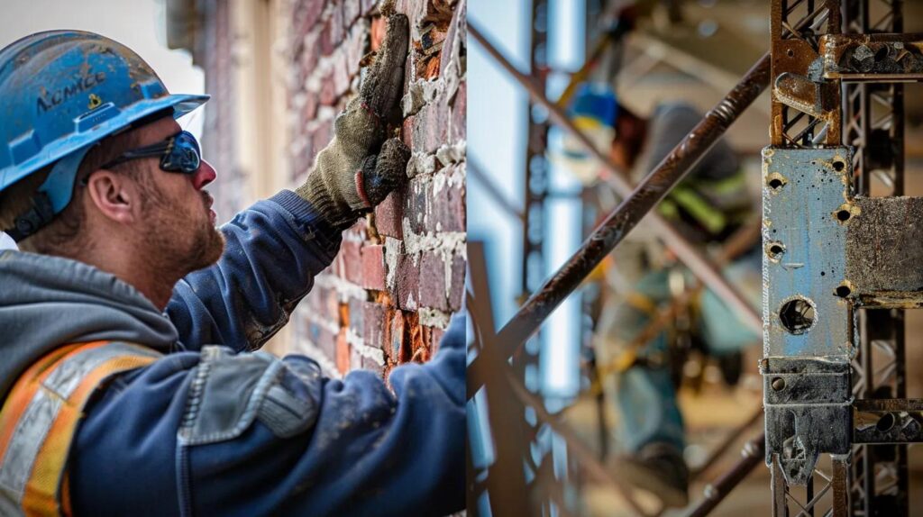 A photo collage or split image showcasing ACME's in-house trade expertise. Left Panel: A close-up of a mason meticulously performing tuckpointing on a historic brick facade. Right Panel: A welder or metal framing oklahoma city expert installing precise, lightweight steel studs inside a commercial space. The image should emphasize specialized, skilled labor and quality control.