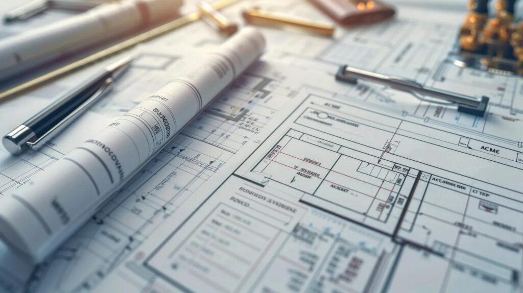 A visually impactful image illustrating the essential documents: a professionally designed, branded checklist (ACME Construction logo visible) sitting atop commercial blueprints. Next to it, clearly visible, are a builder's license, insurance certificate, and a bonded seal. The image should convey legal compliance, organization, and transparency required for a top commercial general contractor oklahoma city.