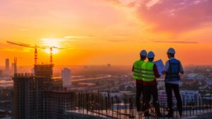 A professional, panoramic photo of a large-scale commercial construction site in Oklahoma City (modern office building or retail center) at the golden hour. In the foreground, a diverse team of ACME Construction professionals (wearing hard hats and branded vests) are reviewing blueprints, actively engaged in discussion. The scene should convey scale, professionalism, and high-level project management.