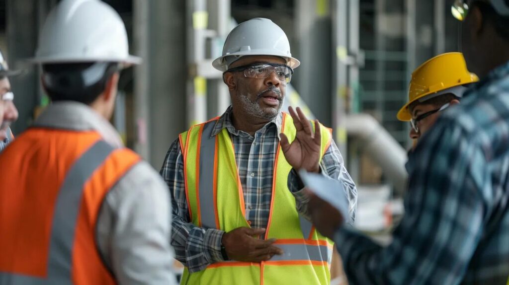 A shot of a safety meeting on a commercial site. A foreman (wearing an ACME branded vest) is leading a brief, focused meeting with a small crew, pointing to a large safety sign (OSHA log or Safety First poster). The crew is wearing proper PPE (hard hats, glasses, vests). Focus on attentiveness and clear communication.
