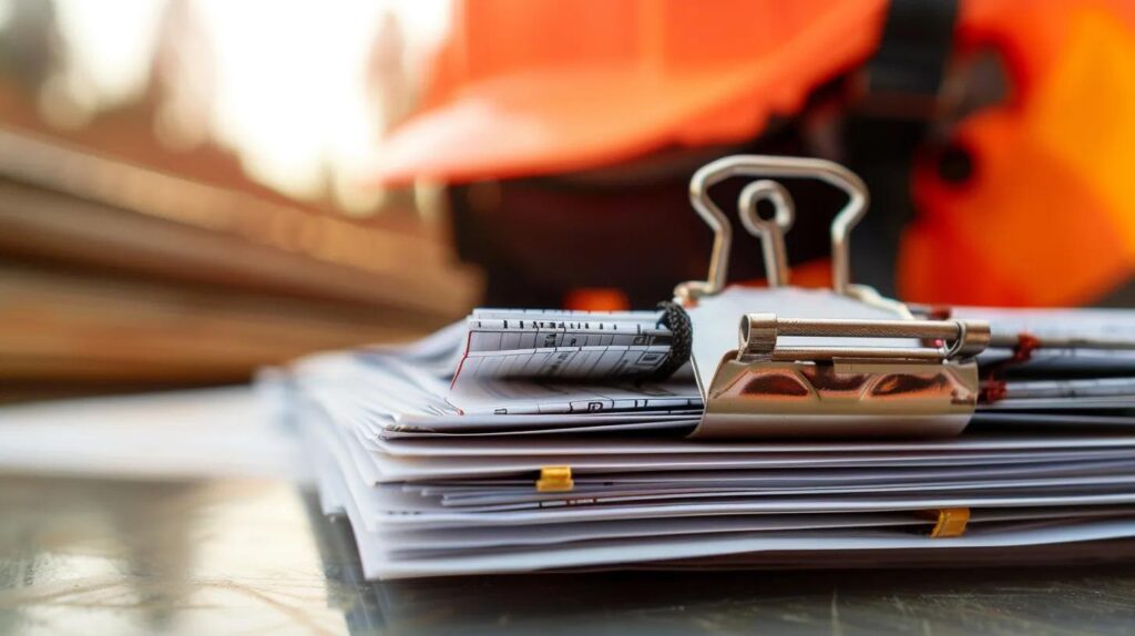 A close-up, macro photo of a stack of official-looking documents—licenses, insurance certificates, and bond paperwork—with a metal construction clip holding them together. In the background, subtly out of focus, show a construction site safety vest and hard hat. Clean, corporate lighting.