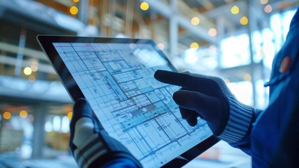 A tight shot of a construction blueprint overlaid with a digital tablet displaying two contrasting project photos: a large commercial office building and a multi-family residential complex. A skilled hand in a work glove is pointing to the details on the commercial blueprint. Focus on high-resolution detail.