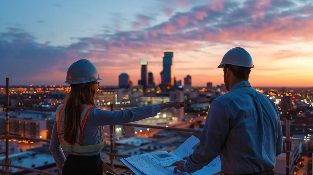 A professional, panoramic shot of the Oklahoma City skyline (with visible landmarks like the Devon Tower) viewed from a successful, modern construction site at dusk. In the foreground, a diverse team of two people (a smartly-dressed female Project Manager pointing to blueprints and a male Commercial General Contractor in a branded ACME hard hat) are shaking hands or reviewing plans over a work table. The mood is professional, collaborative, and confident. Focus on the contrast between the detailed foreground work and the city backdrop.