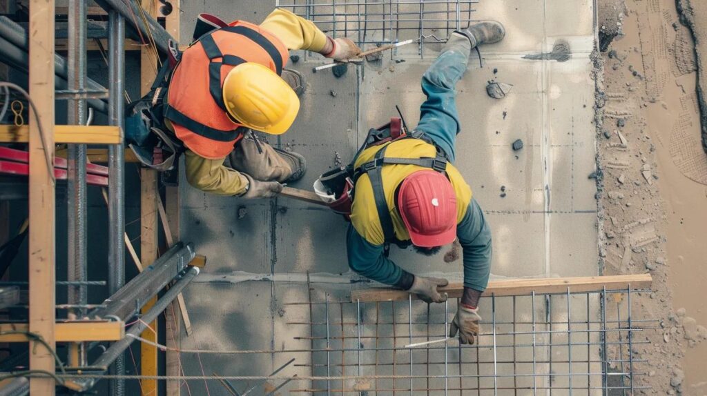 A professional, action-oriented shot showing two specialized tradespeople working in tandem on a commercial site. One is a mason neatly installing commercial brickwork, and the other is a metal framing expert installing metal studs in the adjacent wall bay. Both are wearing appropriate safety gear.