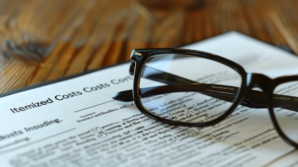 A detailed, realistic image of a commercial construction contract or bid document, with a pair of reading glasses resting on the page near a clearly visible section titled "Itemized Costs" or "Insurance and Bonding." The background is a clean, organized wooden desk.